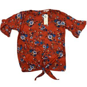 NEW Women's Top S Red Shirt Dress Cut Out V Neck Floral Light weight Extra Lar